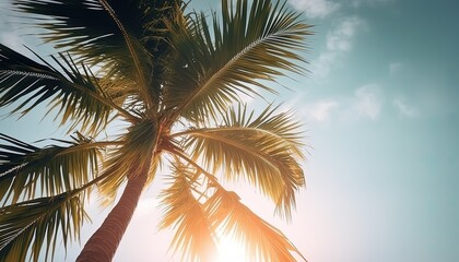 Fototapeta na wymiar Copy space of tropical palm tree with sun light on sky background. Generative AI