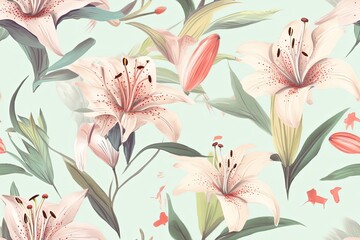 Watercolor lily pattern on light background. Generative AI