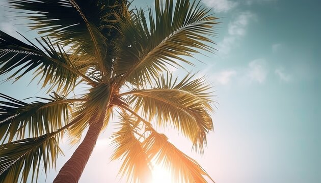 Copy space of tropical palm tree with sun light on sky background. Generative AI