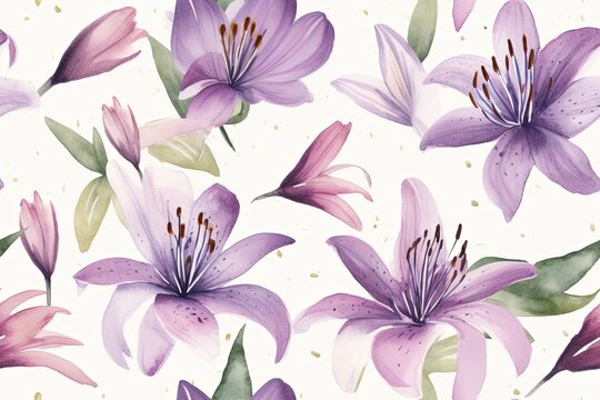 Watercolor lily pattern on light background. Generative AI