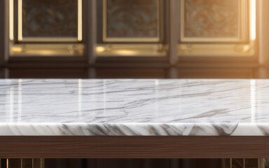 High-Resolution Mock-Up Image of an Empty Marble Table on a Blurred Background, Ideal for Displaying Your Designs in a Realistic Setting	