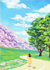 Obraz na płótnie Canvas Happy girl walking through meadow path holding a mirror frame with her pet digital art illustration 
