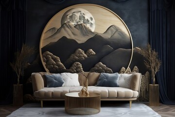 landscape with full moon wall mural, in the style of textured compositions, hand-painted details, mountainous vistas, light black and gold, and optical illustration paintings. Generative Ai.