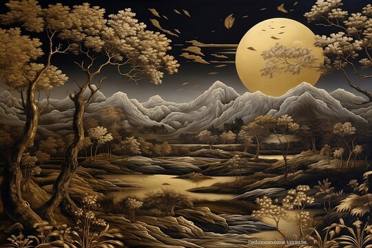 3D modern interior mural painting wall art decor wallpaper. The sky and a moon in a gold moon landscape mural. Generative Ai.