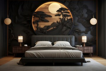 Bedroom with a large wall of the moon on it. Generative Ai.