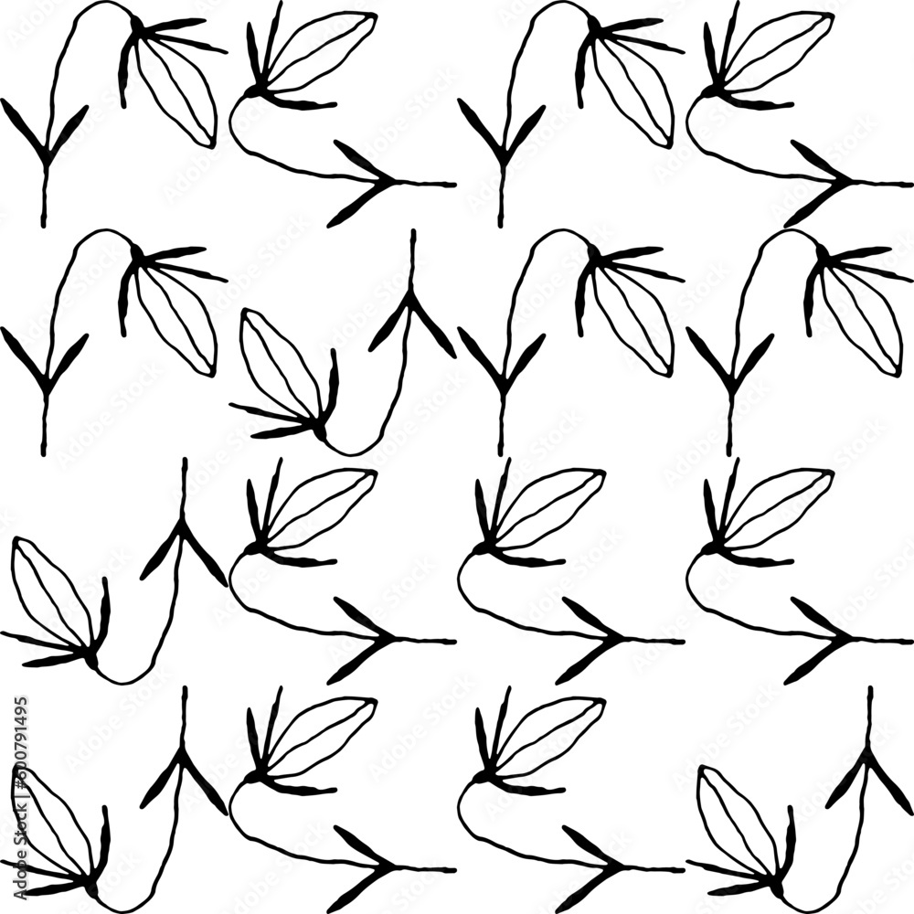 Poster Abstract flower elements vector seamless pattern. Simple repeat in black on white background.