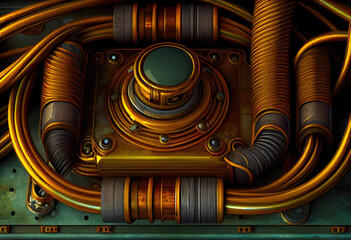 Pipes, wire, cables and rivets, steampunk textured grunge background. Generative AI.