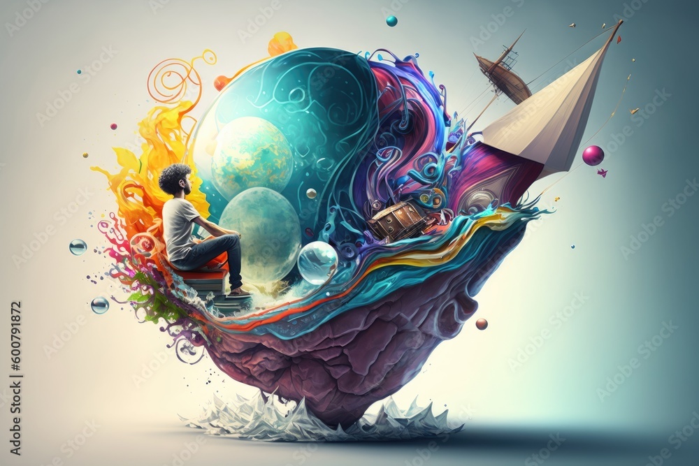 Poster man sitting on the edge of the giant brain with a lot of colorful objects around him