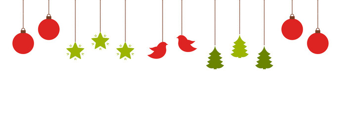 Christmas cute hanging ornaments in red and green colors. Png illustration.