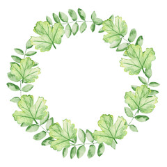 Fototapeta premium Watercolor frame - illustration with leaves elements, for wedding stationery, congratulations, wallpapers and more on white background.