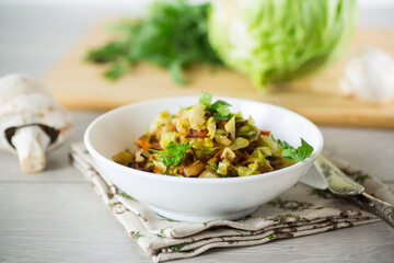 cabbage early fried with mushrooms, carrots and vegetables