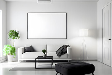 White living room interior with a black sofa, a coffee table and a framed poster mockup. AI Generative
