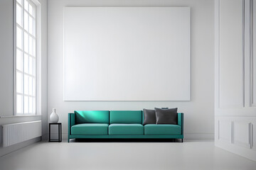 Interior of living room with green sofa, white wall and poster mockup. AI Generative