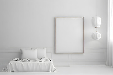 Interior of a bedroom with a white bed and a poster mockup. AI Generative