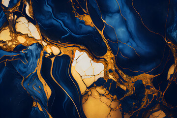 Abstract background of acrylic paints in blue and gold tones. Liquid marble pattern. AI Generative