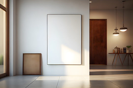 Interior of modern living room with white walls, tiled floor, wooden door and two vertical mockup posters. AI Generative