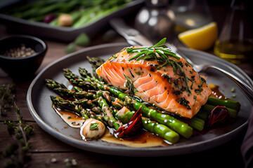 Fototapeta Grilled salmon fillet with asparagus on a plate. AI Generative obraz