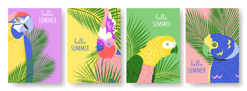 Collection of abstract hello summer background with parrots palm leaves in bright colors. Tropical hand drawn posters set. Macaw cockatoo parrot card for sale, social media. Vector illustration.