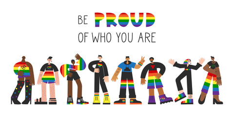 Group of gay people standing with rainbow flag, lgbtq symbols. Homosexual queer men visibility, awareness, equality, pride and rights concept isolated vector flat illustration.