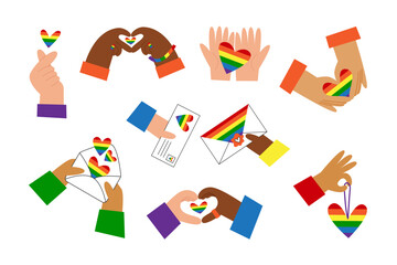 Happy pride set with hands holding LGBT valentines rainbow symbols, hearts and letters. Gay love of diverse bipoc people. Queer romantic elements for decoration. Flat vector.