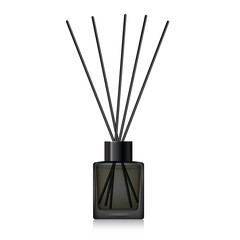 Black glass reed diffuser bottle mockup. Home fragrance with liquid perfume. Cube aroma diffuser with black metal cap. 3D vector illustration