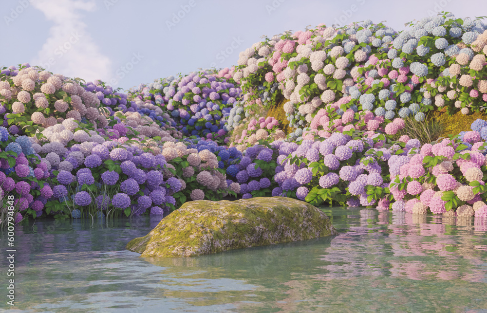 Poster natural beauty podium backdrop for product display with hydrangea field. 3d rendering.