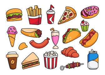 Fast Food Doodle Illustration Set