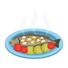 Baked white fish with garlic and black pepper. Garnished with tomatoes and limes. Vector graphic.