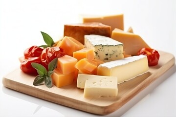 Platter of tasty cheese slice on white background