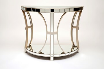 Table, Art deco-inspired mirrored console table, white background (Ai generated)
