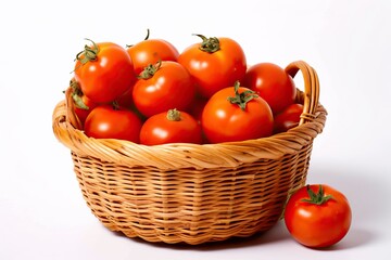 Tomato, basket of fresh picked red vegetable, white background (Ai generated)