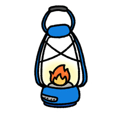 Hand-drawn Cute blue camping lantern, lamp, fire, Camping character design in doodle style