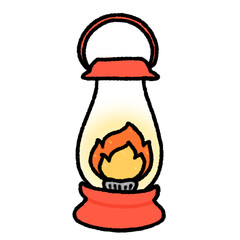 Hand-drawn Cute red camping lantern, lamp, fire, Camping character design in doodle style