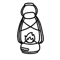 Hand-drawn Cute line camping lantern, lamp, fire, Camping character design in doodle style