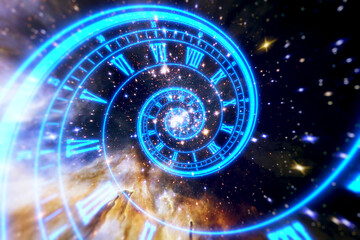 Surreal spiral clock in space. Concept of time, space, life, death, time travel. Elements of this image furnished by NASA. © Amgun