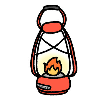 Hand-drawn Cute red camping lantern, lamp, fire, Camping character design in doodle style