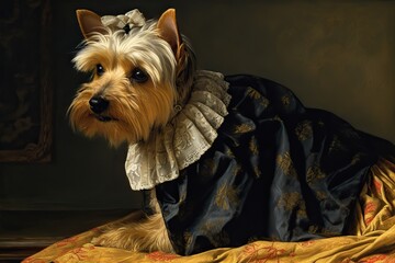 AI Generated. AI Generative. Painting of a Yorkshire terrier in renaissance clothing realistic illustration. Vintage retro elite vibe. Graphic Art