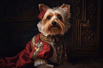 AI Generated. AI Generative. Painting of a Yorkshire terrier in renaissance clothing realistic illustration. Vintage retro elite vibe. Graphic Art - obrazy, fototapety, plakaty