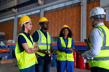 Confident Manager visit engineer teamwork at manufacture factory gathering smile meeting together