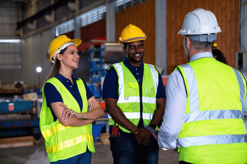 Confident Manager visit engineer teamwork at manufacture factory gathering smile meeting together