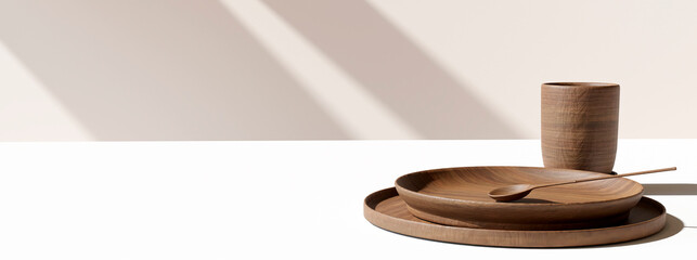 Round wooden plates for food, products or cosmetics against bright brown background. 3d render