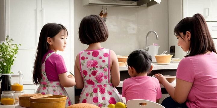asian cute little girl cooking while happy mom looking and telling teaching her cheer up. daughter wants handmade cake on happy mothers day. parent and child diy bake time in kitchen. Generative AI