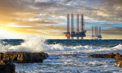 Ukrainian gas drilling rigs produce gas on the Black Sea shelf in western Crimea at sunset