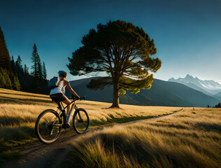 Fototapeta premium person riding a bicycle on top of mountain, Generated AI