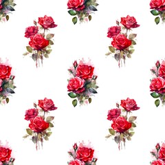 Seamless pattern with many red roses isolated on white background in watercolor style. Generative AI.