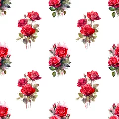 Raamstickers Bloemen Seamless pattern with many red roses isolated on white background in watercolor style. Generative AI.