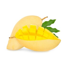 Ripe Mango with green leaf isolated on white background. Clipping path.