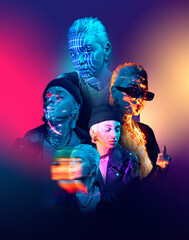 Collage of portraits of young blonde girl with neon colored digital filters over multicolored background in blue lights. Concept of art, modern style, cyberpunk, futurism and creativity