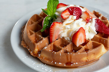 A view of a plate of strawberry waffles.