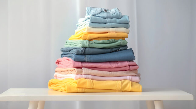 Pile of child clothes in a clothing store. Sale of children's clothing. Colored jean and gabardine pants for girls and boys. Light colors and pastels. White background. Sale. Department. Generative ai